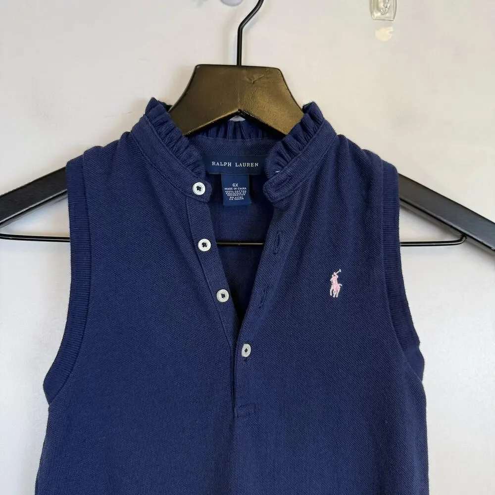 Ralph Lauren Girls Polo Ruffled Trim Dress Navy Blue - 6X